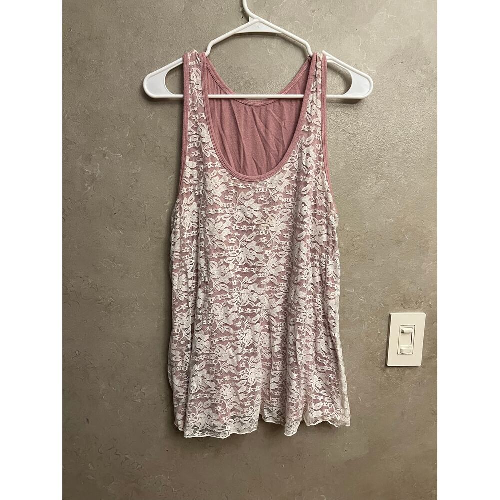 MAUVE Pink Floral Lace Overlay Tank Top XL Soft Racerback Layering Sleeveless - Picture 2 of 8